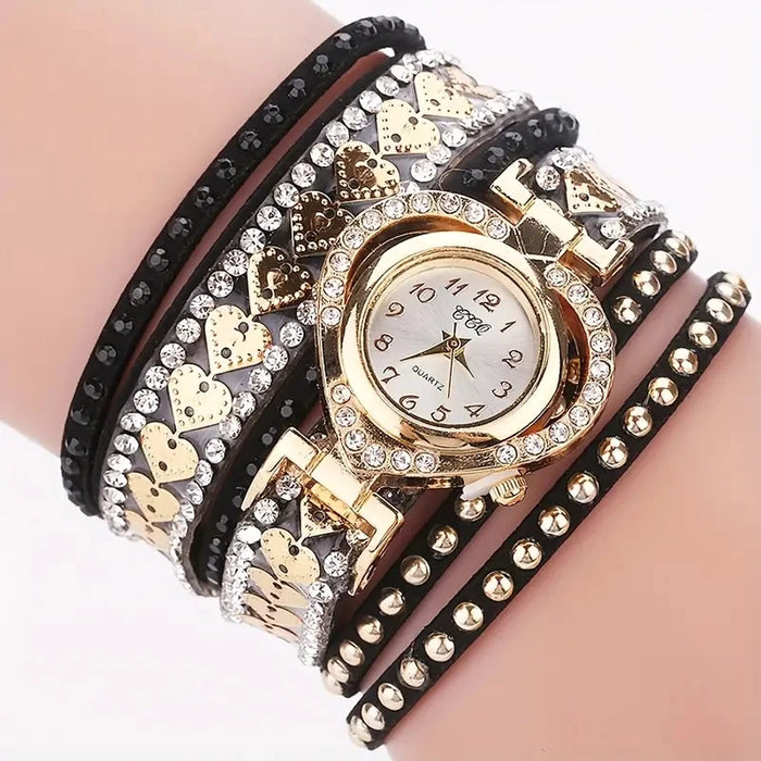 Rhinestone Heart Dial Velvet Band Watch