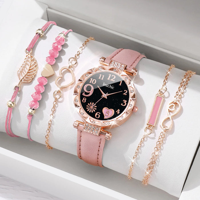 6 Piece Heart Dial Watch Bracelet Set