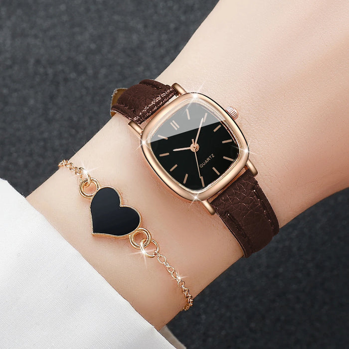 2 Piece Square Leather Band Watch Bracelet Set