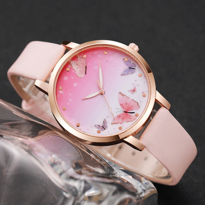 6 Piece Butterfly Dial Quartz Watch Jewelry Set