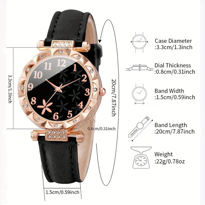 6 Piece Floral Rhinestone Quartz Watch Set - Without Box