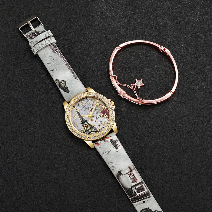 PU Leather Eiffel Tower Watch Set