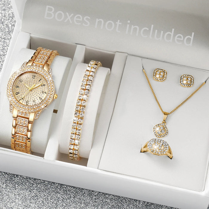 6pc Diamond Watch Set Gold Steel Band