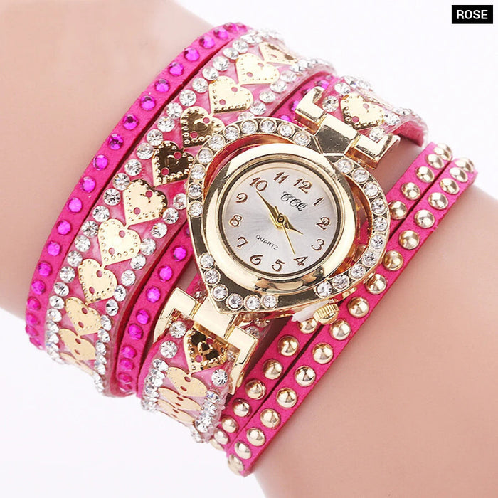 Rhinestone Heart Dial Velvet Band Watch