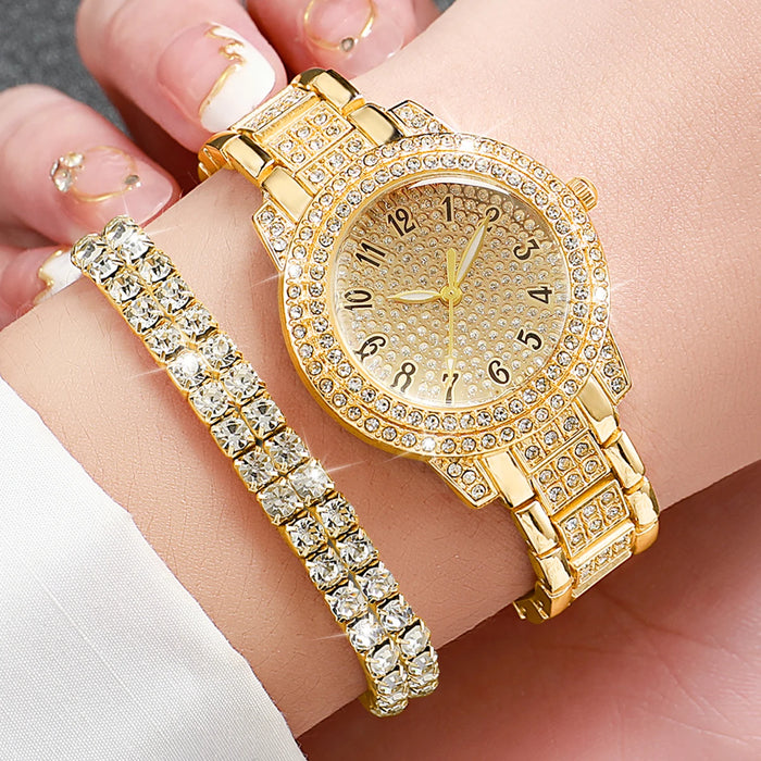 6pc Diamond Watch Set Gold Steel Band