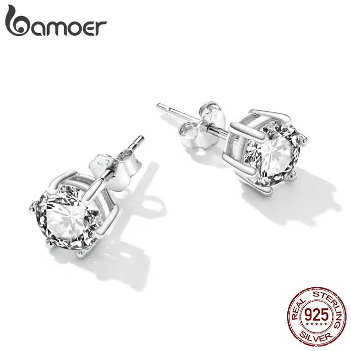 925 Sterling Silver Cz Stud Platinum Plated Six Prong Round Cubic Zirconia Hypoallergenic Earrings