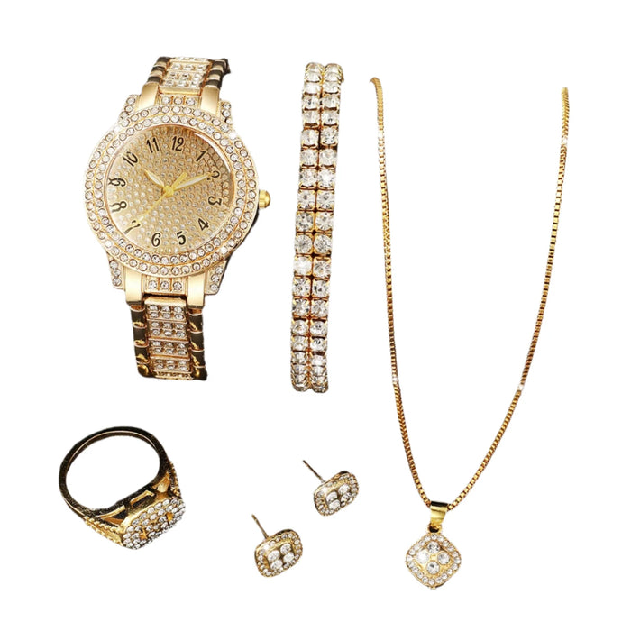 6pc Diamond Watch Set Gold Steel Band