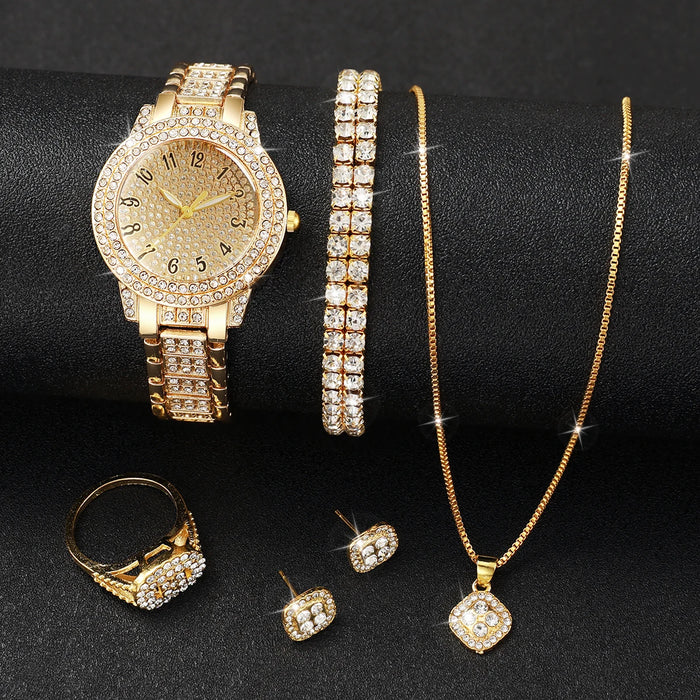 6pc Diamond Watch Set Gold Steel Band