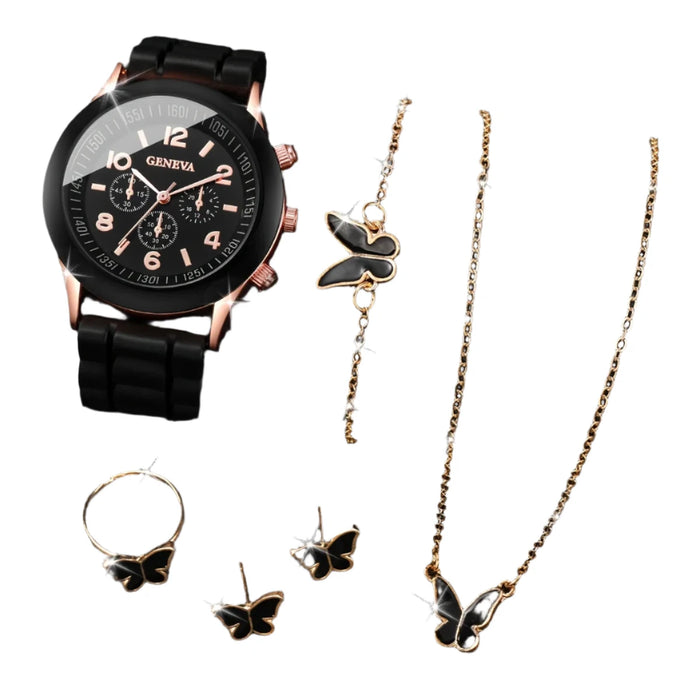 6 Piece Butterfly Watch Set Silicone Band - Without Box