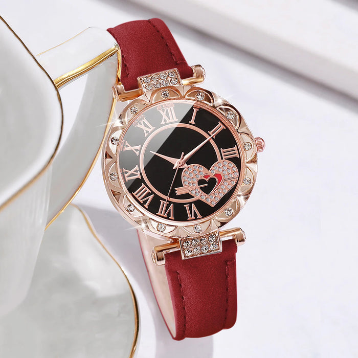 6 Piece Heart Dial Leather Band Quartz Watch Set