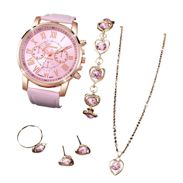 6 Piece Heart Rhinestone Watch Jewelry Set