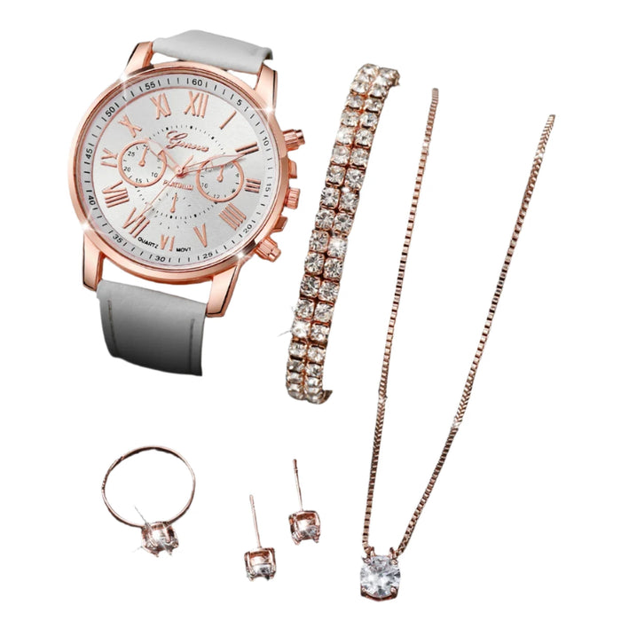 6 Piece Casual Leather Quartz Watch Set Diamonds - Without Box