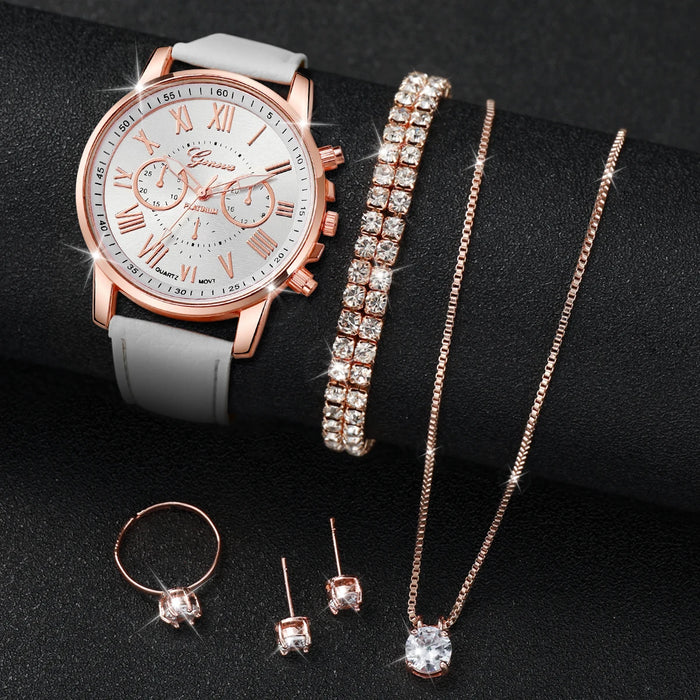 6 Piece Casual Leather Quartz Watch Set Diamonds - Without Box