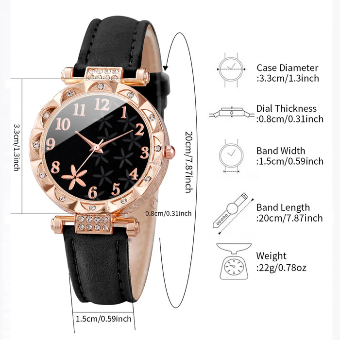 Flower Dial Leather Band Watch Set