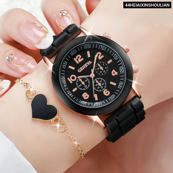 2 Piece Fashion Watch Bracelet Set Silicone Band Quartz Movement