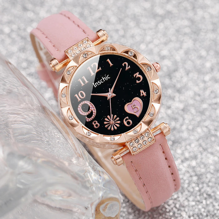 2 Piece Heart Dial Leather Band Watch Set Rhinestone Accents