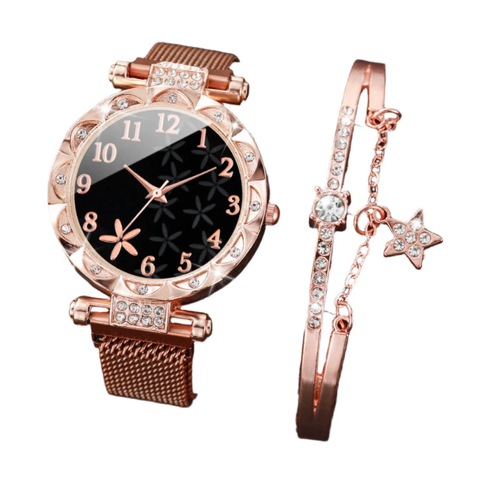 Flower Dial Watch Set Magnet Buckle Mesh Band