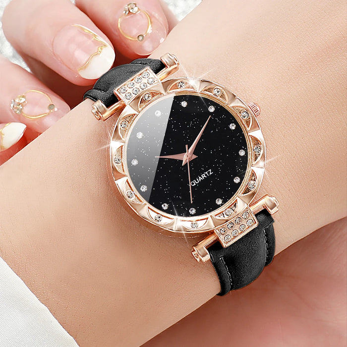 3 Piece Rhinestone Leather Band Watch Set - Without Box