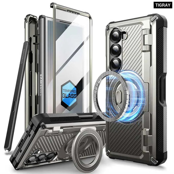 For Samsung Galaxy Z Fold 6 Mag Rugged Shockproof Phone Case With Built-In Screen Protector & S Pen Holder