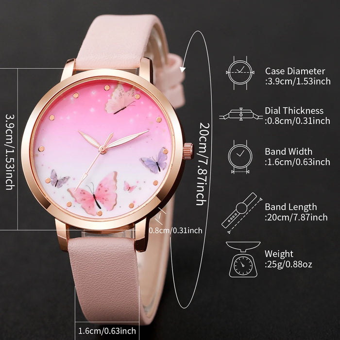 6 Piece Butterfly Dial Quartz Watch Jewelry Set