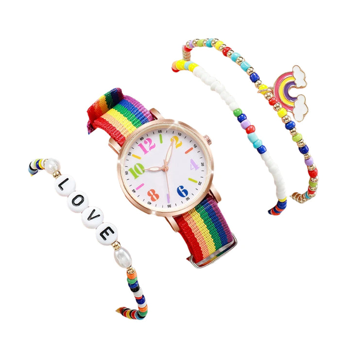 4 Piece Casual Nylon Band Analog Quartz Watch Set Love Beads