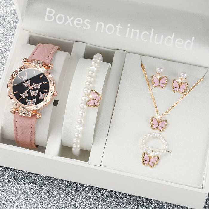 6pc Butterfly Dial Watch Jewelry Set