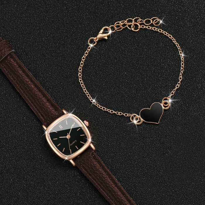 2 Piece Square Leather Band Watch Bracelet Set