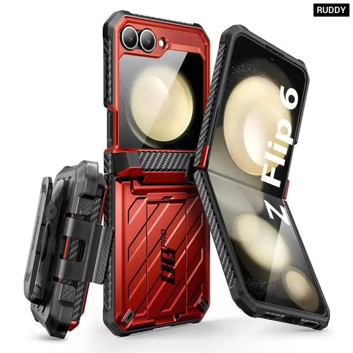 For Samsung Galaxy Z Flip 6/5 Hinge Protection Dual Layer Rugged Protective Case With Holster & Kickstand