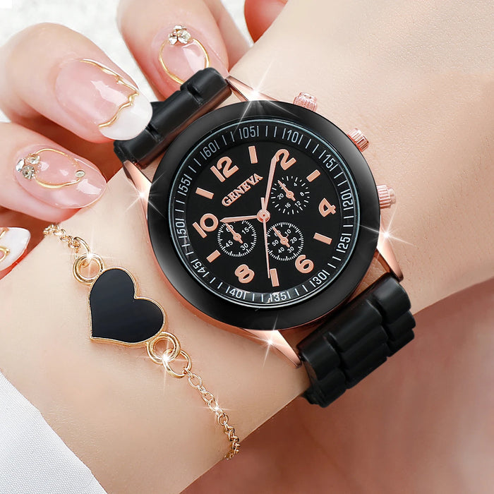 2 Piece Fashion Watch Bracelet Set Silicone Band Quartz Movement