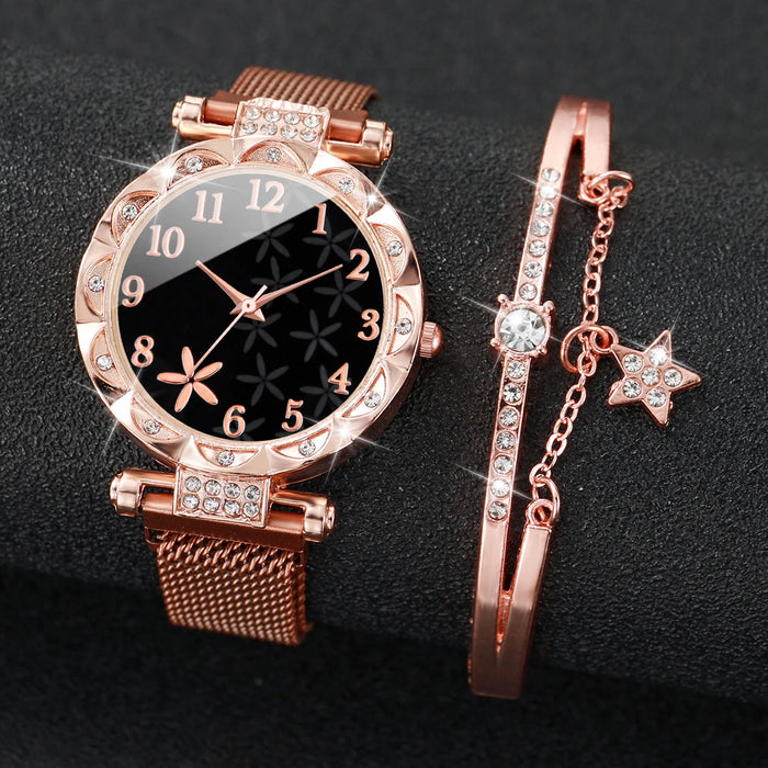 Flower Dial Watch Set Magnet Buckle Mesh Band