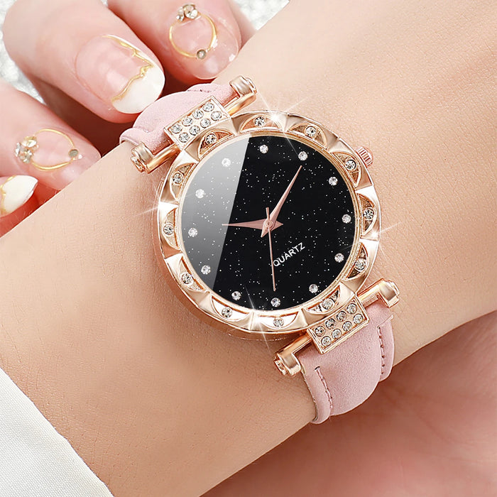 3 Piece Rhinestone Leather Band Watch Set - Without Box