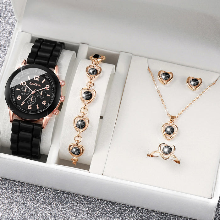 6 Piece Quartz Watch Set Rhinestone Heart Jewelry - Without Box