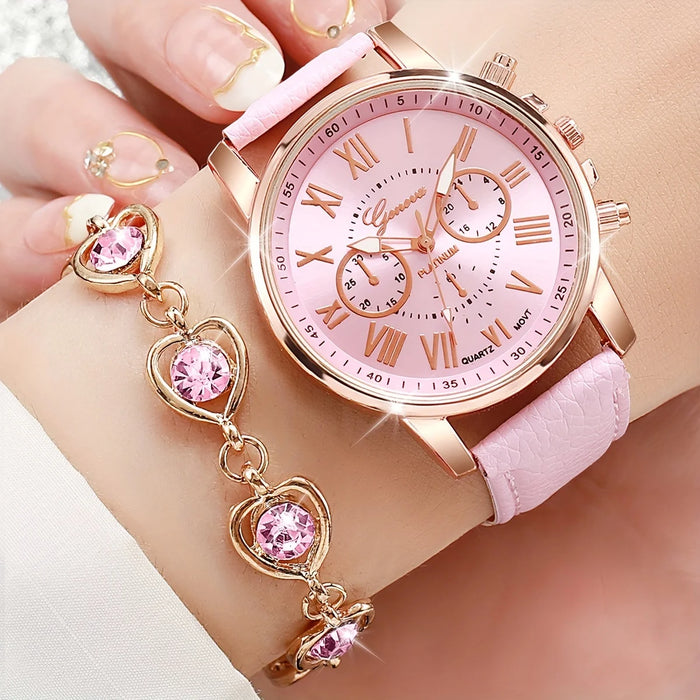 6 Piece Heart Rhinestone Watch Jewelry Set