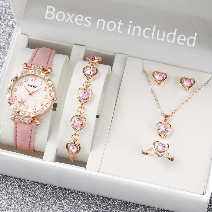 6 Piece Floral Dial Quartz Watch Jewelry Set