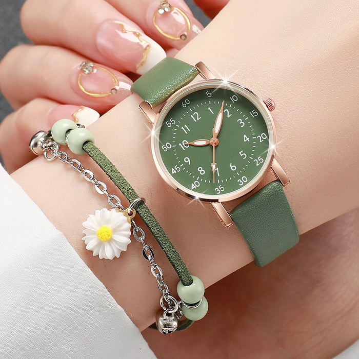 2 Piece Floral Leather Band Watch Set for Women