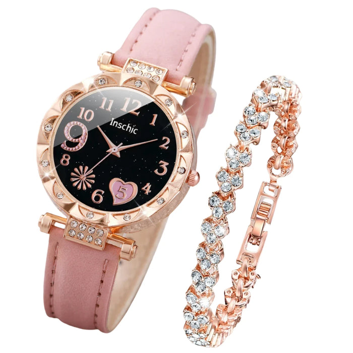 2 Piece Heart Dial Leather Band Watch Set Rhinestone Accents