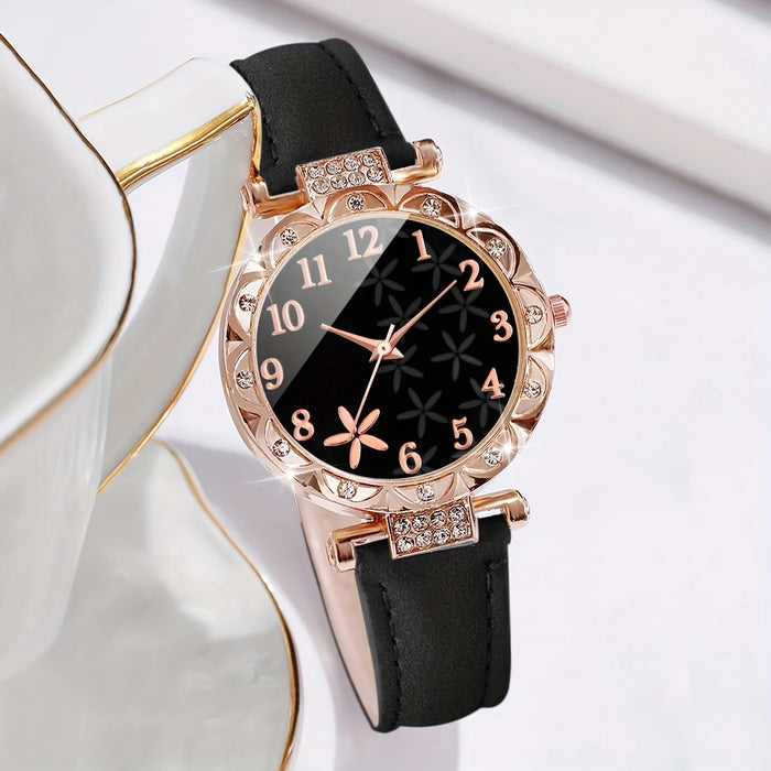 6 Piece Floral Rhinestone Quartz Watch Set - Without Box