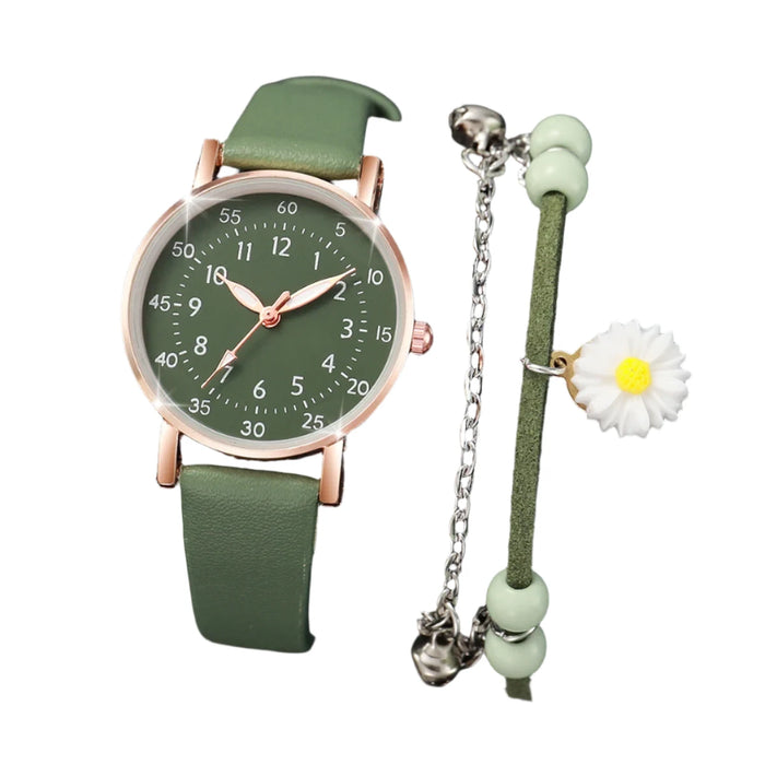 2 Piece Floral Leather Band Watch Set for Women