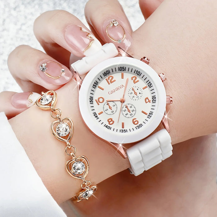 6 Piece Quartz Watch Set Rhinestone Heart Jewelry - Without Box