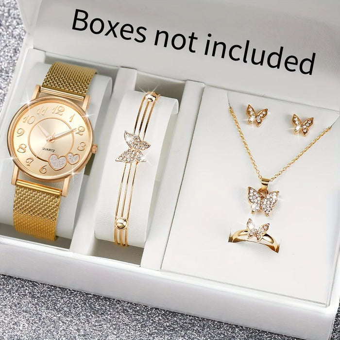 6 Piece Heart Watch Set Golden Quartz Butterfly Design