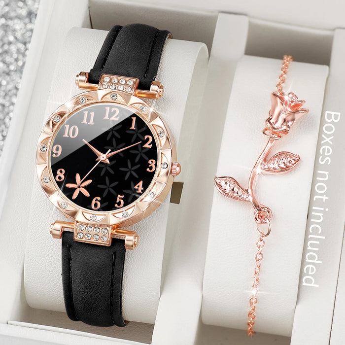 Flower Dial Leather Band Watch Set