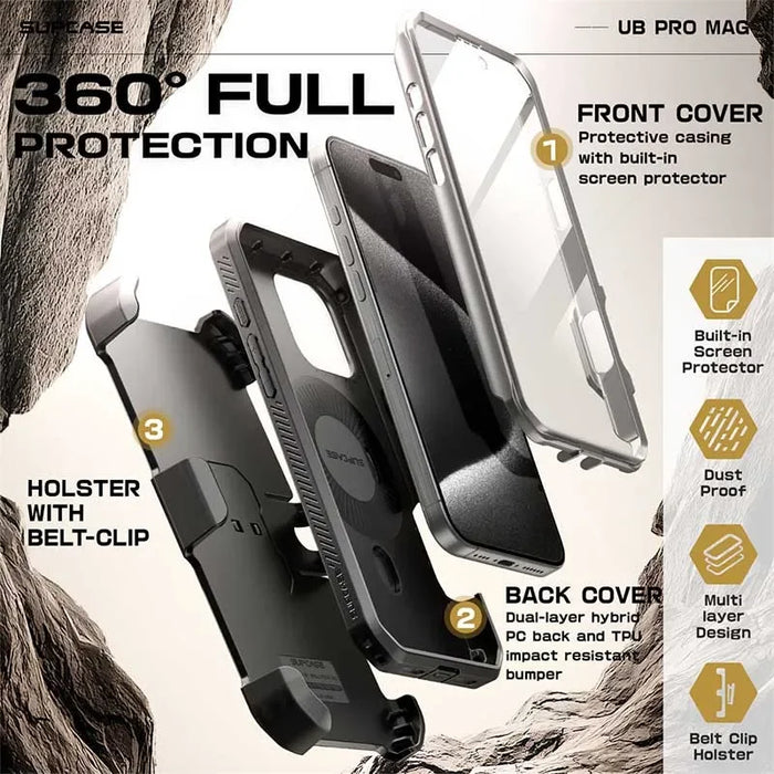 For Iphone 16 Pro 6.3“ Ub Pro Mag Full Body Rugged Phone Case With Built-In Screen Protector Belt-Clip