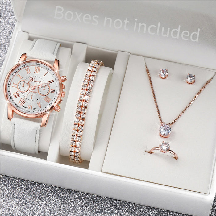 6 Piece Casual Leather Quartz Watch Set Diamonds - Without Box