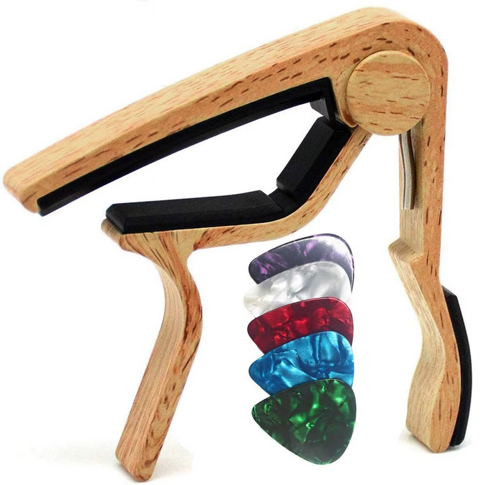 Rosewood Guitar Capo With 5 Colour Picks For Acoustic / Electric