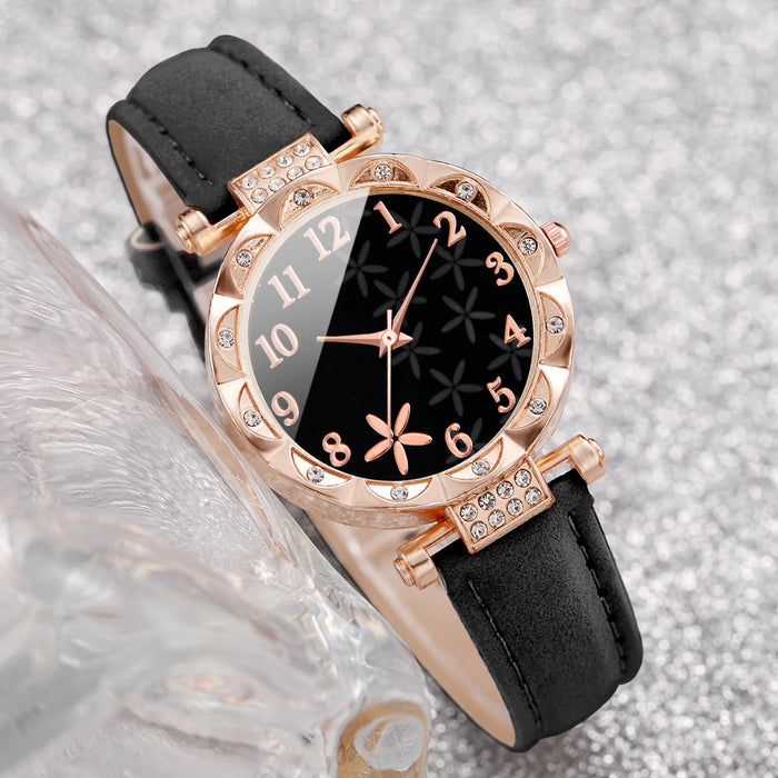 Flower Dial Leather Band Watch Set