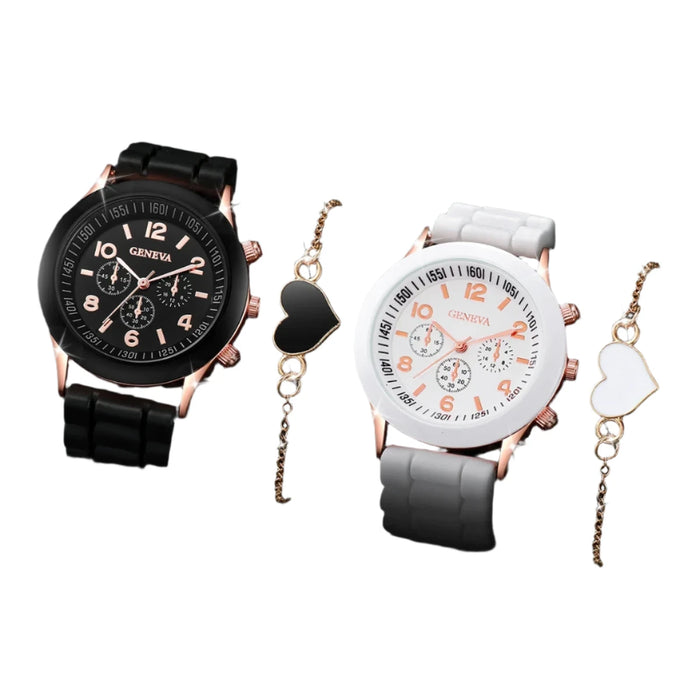 2 Piece Fashion Watch Bracelet Set Silicone Band Quartz Movement