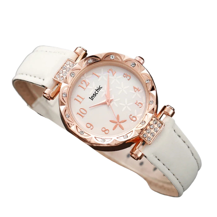 5 Piece Floral Dial Leather Band Watch Set - Without Box