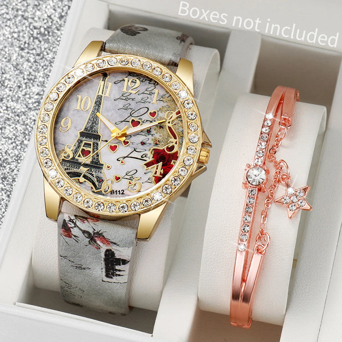 PU Leather Eiffel Tower Watch Set