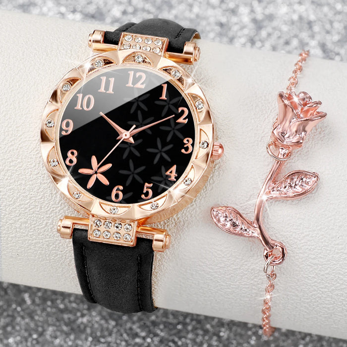 Flower Dial Leather Band Watch Set