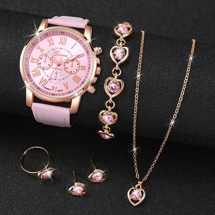 6 Piece Heart Rhinestone Watch Jewelry Set